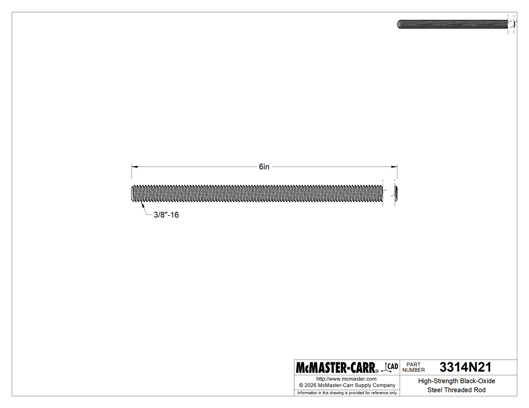 Technical Drawing of High-Strength Black-Oxide Steel Threaded Rod, 3/8"-16 Thread Size, 6" Long.